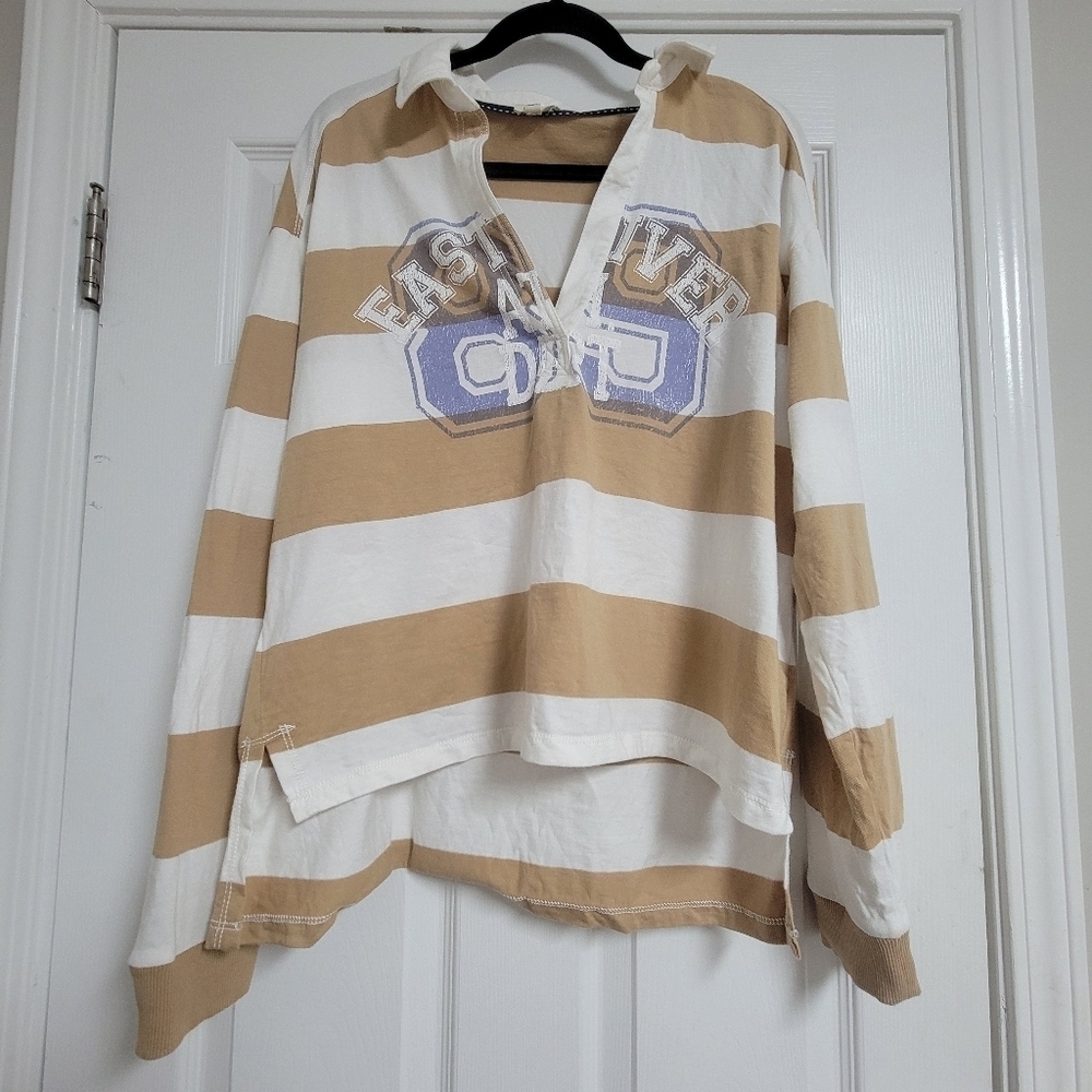Pilcro Rugby Oversized Tan Stripe Long Sleeve Shirt. - Picture 4 of 14
